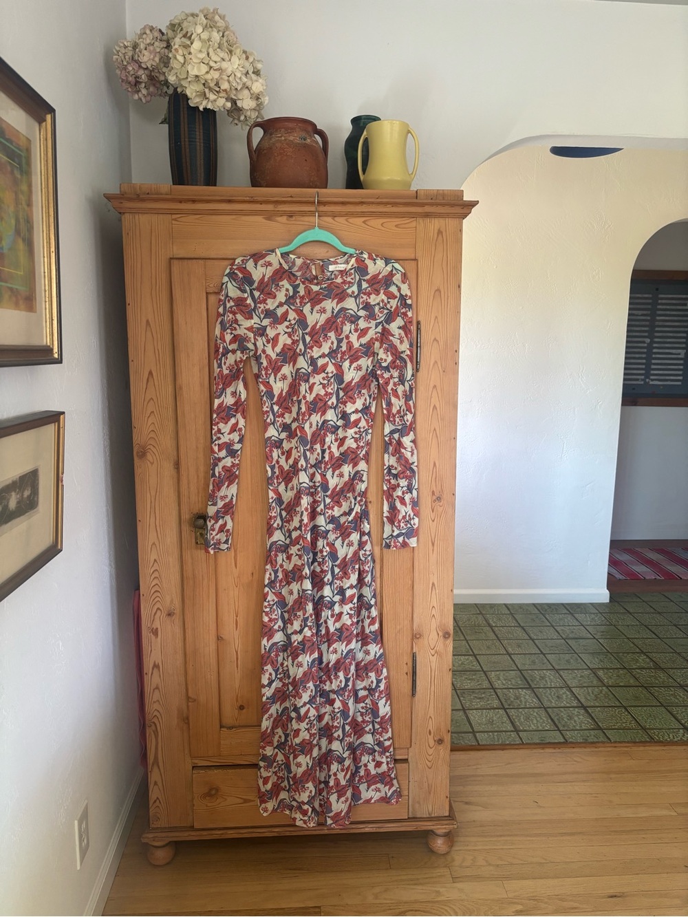 DOEN. Floral Long-Sleeve Maxi Dress in Cream and Rust. SZ small